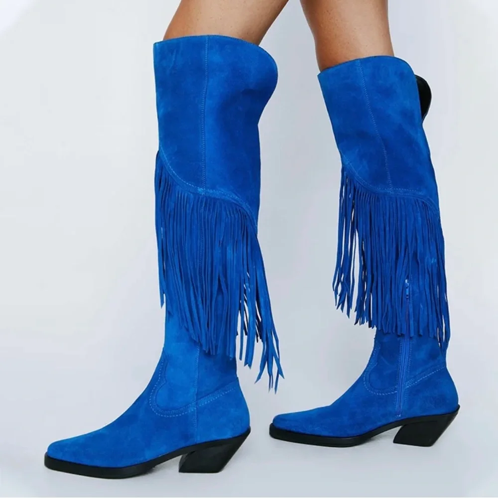Nasty Gal Electric Blue Suede Fringe Over-the-Knee Boots